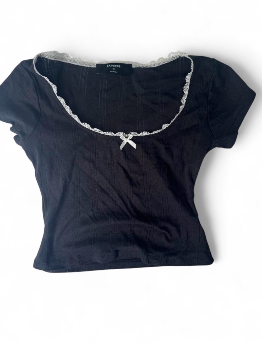Express Black Short-Sleeve Scoop Neck Top with White Lace Trim
